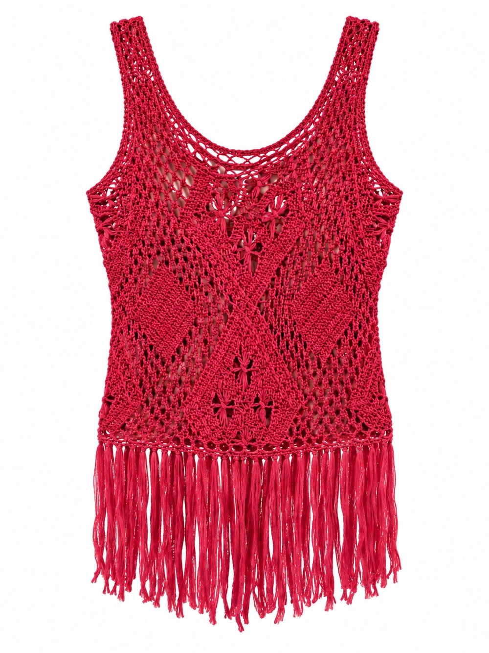 Women’s Red Crochet Fringe Tank Top - Boho Knit Style